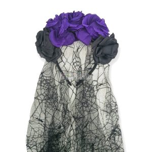 Vincha con Flores Violetas y Negras Halloween con Tul Negro
