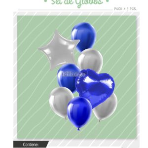Set Globos Color Azul y Plateado 8 Pcs