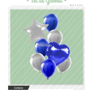 Set Globos Color Azul y Plateado 8 Pcs