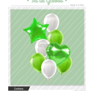 Set Globos Color Verde y Blanco 8 Pcs