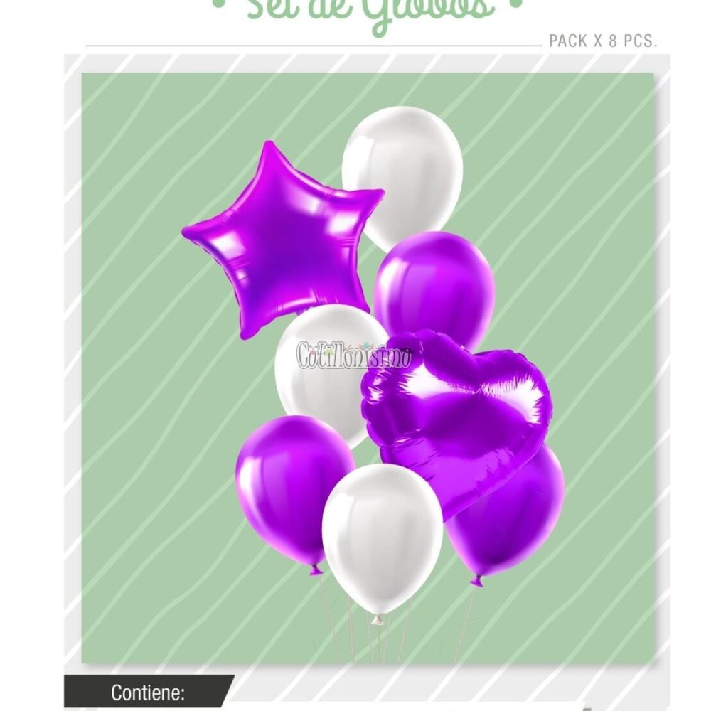 Set Globos Color Violeta y Blanco 8 Pcs