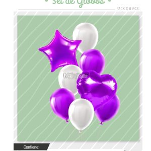 Set Globos Color Violeta y Blanco 8 Pcs