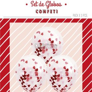 Globos con Confetti CORAZONES Metalizados - Color ROJO x3 Unidades