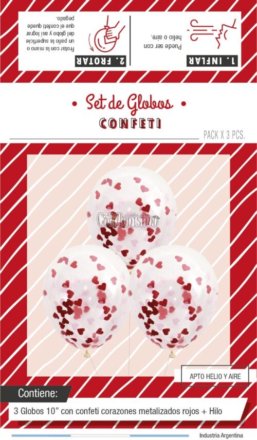 Globos con Confetti CORAZONES Metalizados - Color ROJO x3 Unidades