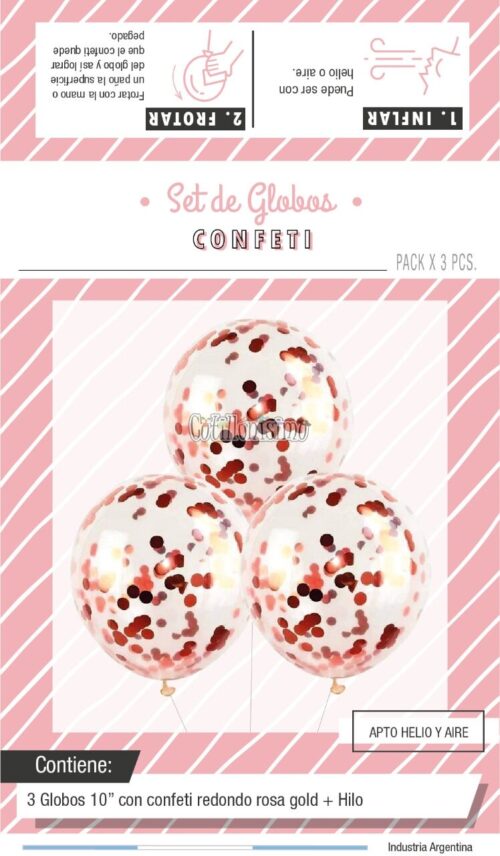 Globos con Confetti Redondo METALIZADO - Color ROSA GOLD x3 Unidades