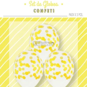 Globos con Confetti Redondo - Color AMARILLO x3 Unidades