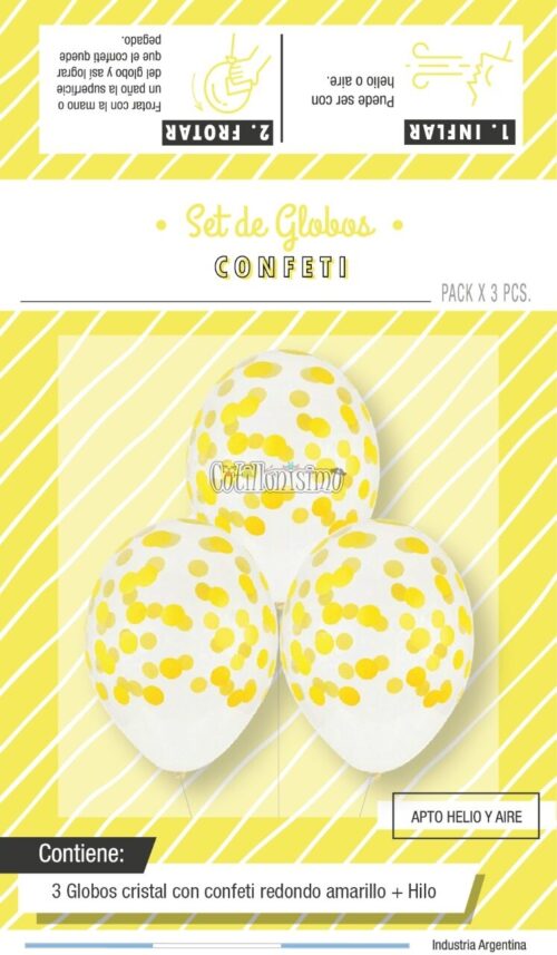 Globos con Confetti Redondo - Color AMARILLO x3 Unidades