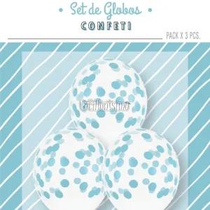 Globos con Confetti Redondo - Color CELESTE x3 Unidades
