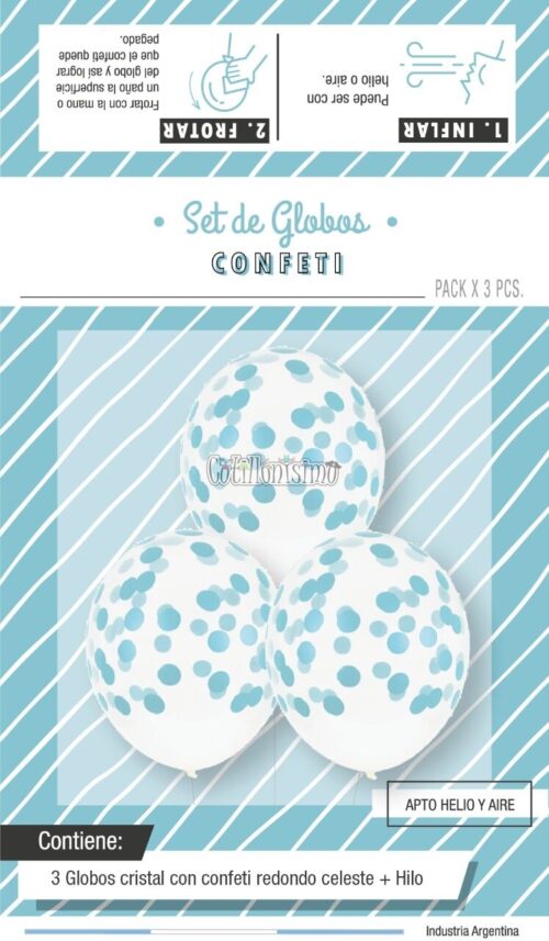 Globos con Confetti Redondo - Color CELESTE x3 Unidades