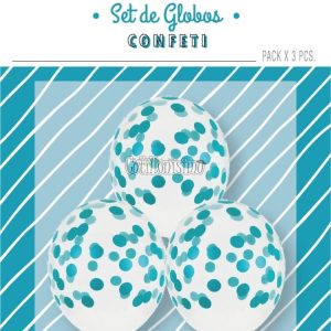 Globos con Confetti Redondo - Color TURQUESA x3 Unidades