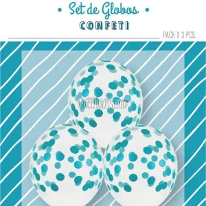Globos con Confetti Redondo - Color TURQUESA x3 Unidades