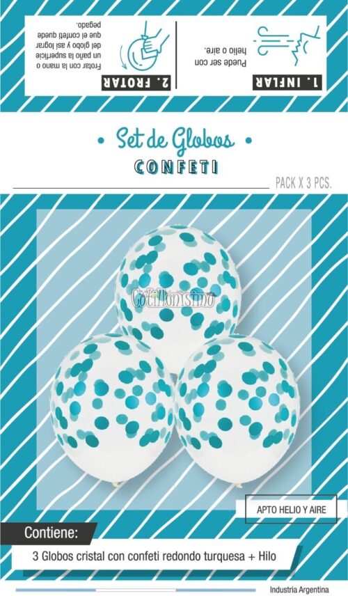 Globos con Confetti Redondo - Color TURQUESA x3 Unidades