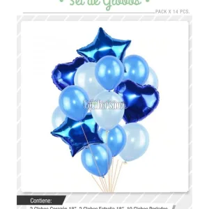 Set Globos Color AZUL Y CELESTE 14 Pcs
