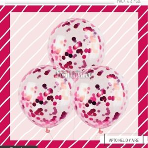 Globos con Confetti Redondo METALIZADO - FUCSIA x3 Unidades