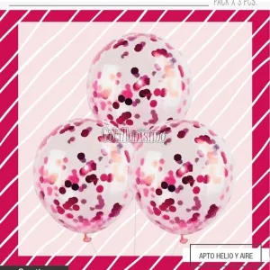 Globos con Confetti Redondo METALIZADO - FUCSIA x3 Unidades