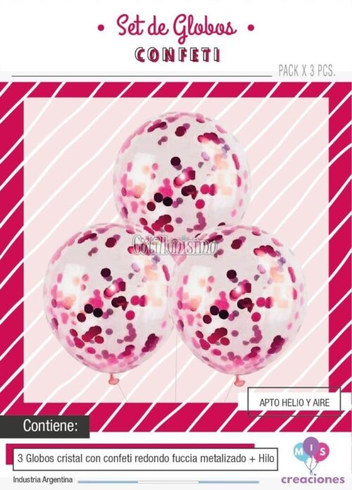 Globos con Confetti Redondo METALIZADO - FUCSIA x3 Unidades