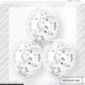 Globos con Confetti Redondo METALIZADO - PLATEADO x3 Unidades