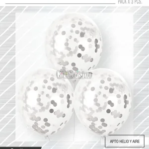 Globos con Confetti Redondo METALIZADO - PLATEADO x3 Unidades
