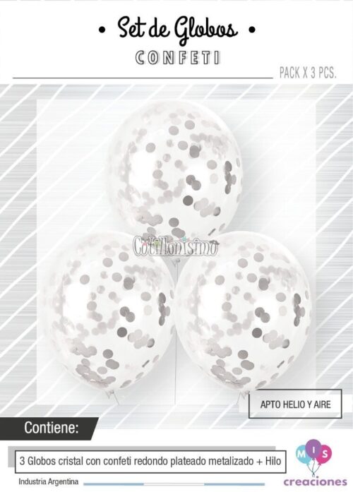 Globos con Confetti Redondo METALIZADO - PLATEADO x3 Unidades