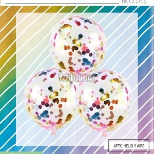 Globos con Confetti Redondo METALIZADO - MULTICOLOR x3 Unidades