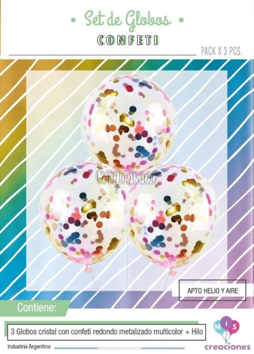 Globos con Confetti Redondo METALIZADO - MULTICOLOR x3 Unidades