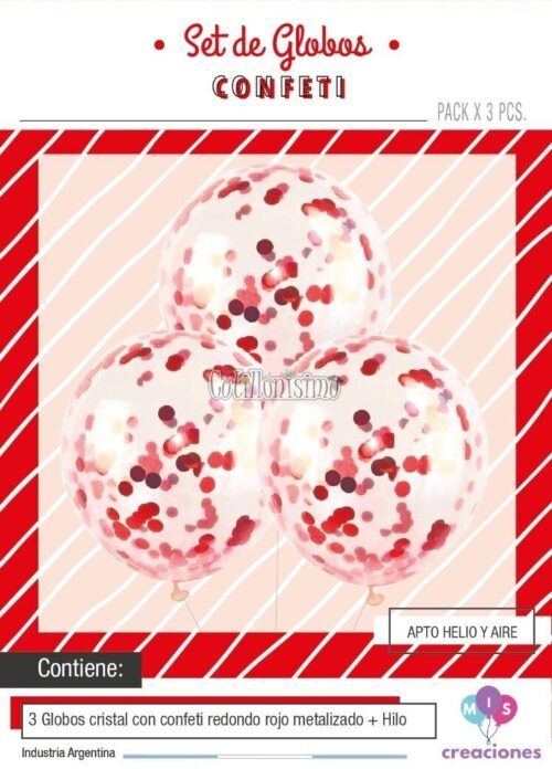 Globos con Confetti Redondo METALIZADO - ROJO x3 Unidades