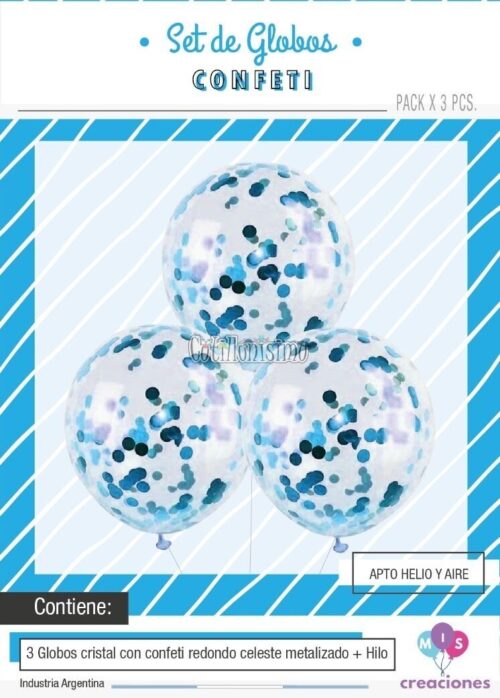 Globos con Confetti Redondo METALIZADO - CELESTE x3 Unidades
