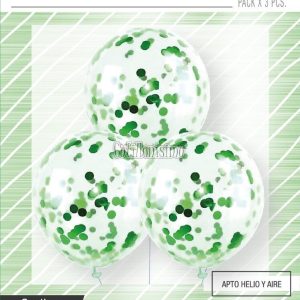 Globos con Confetti Redondo METALIZADO - VERDE x3 Unidades
