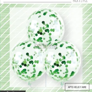 Globos con Confetti Redondo METALIZADO - VERDE x3 Unidades