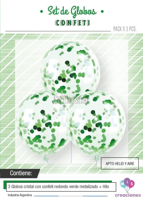 Globos con Confetti Redondo METALIZADO - VERDE x3 Unidades