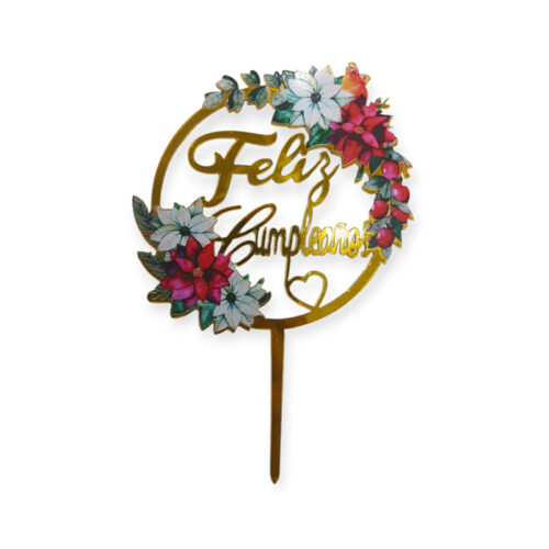 Topper para Torta Dorado con Flores Feliz Cumpleaños x1 Unidad