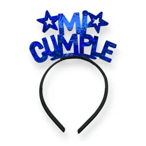 Vincha Goma Eva Mi Cumple Azul Holografico