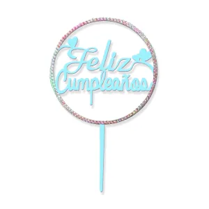 Topper para Torta Celeste con Strass Feliz Cumpleaños x1