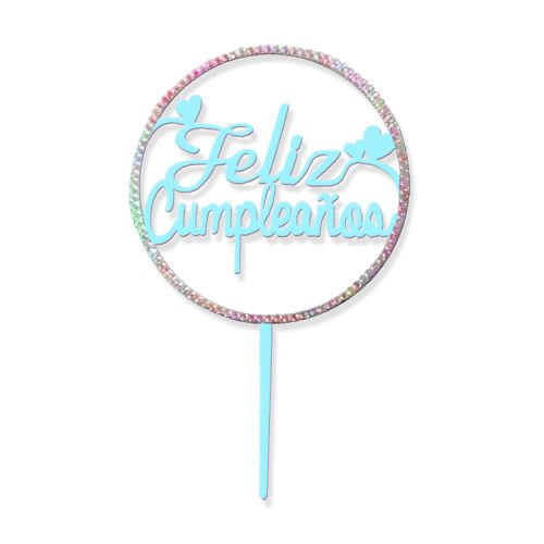 Topper para Torta Celeste con Strass Feliz Cumpleaños x1