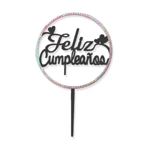 Topper para Torta Negro con Strass Feliz Cumpleaños x1