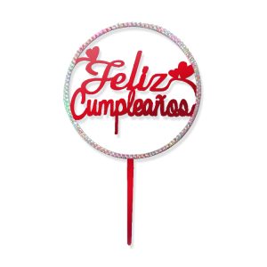 Topper para Torta Rojo con Strass Feliz Cumpleaños x1 Unidad