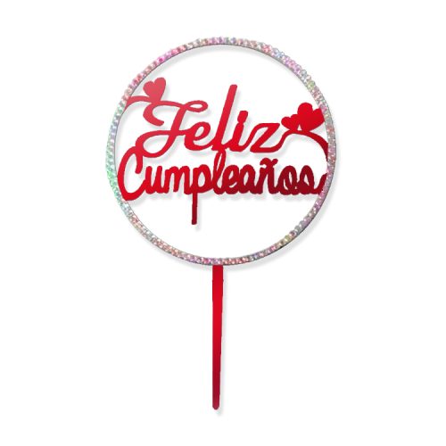 Topper para Torta Rojo con Strass Feliz Cumpleaños x1 Unidad