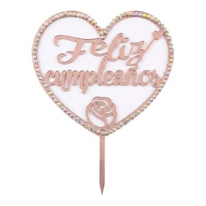 Topper para Torta Rosa Gold con Strass Feliz Cumpleaños x1