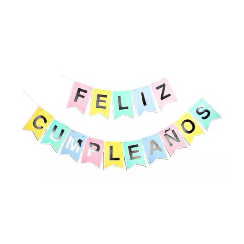 Banderin FELIZ CUMPLEAÑOS MULTICOLOR PASTEL Letras Plateadas
