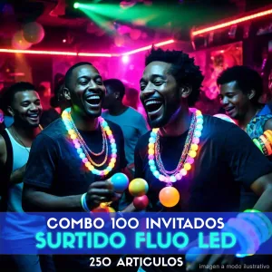 Combo Cotillón para 100 Invitados - 250 Artículos Surtido Fluo LED (Cantidades Variables)