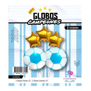 Set Globos Campeones Del Mundo Pelota Celeste y Blanco y Estrellas Doradas 5 Pcs