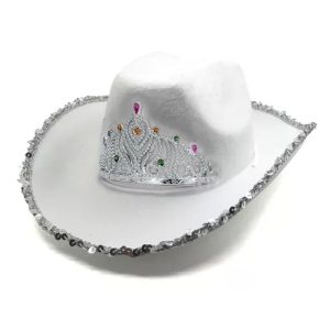 Sombrero Vaquera Blanco con Corona y Lentejuelas