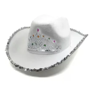 Sombrero Vaquera Blanco con Corona y Lentejuelas