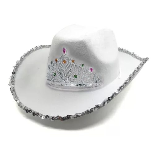 Sombrero Vaquera Blanco con Corona y Lentejuelas