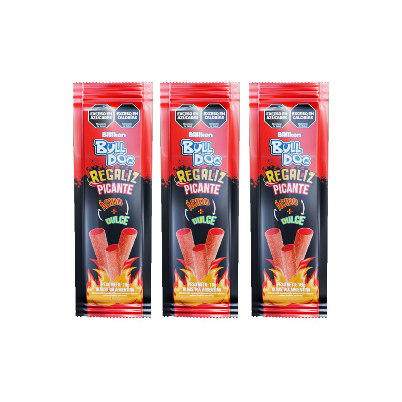 Barra de Caramelo Regaliz Frutilla Picante Acido + Dulce BullDog x1u 18gr