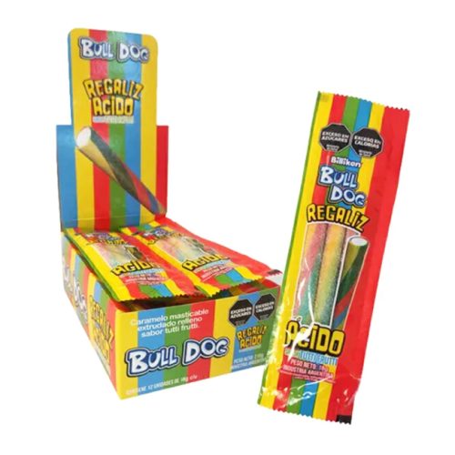 Caja Barra de Caramelo Regaliz Ácido Tutti Frutti BullDog x12u 18gr