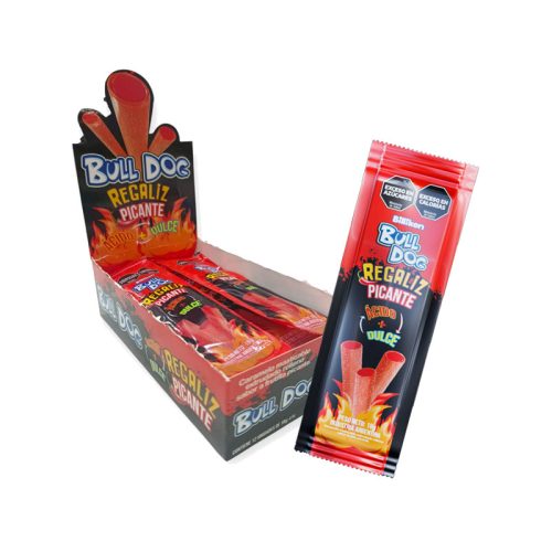 Caja Barra de Caramelo Regaliz Frutilla Picante Acido + Dulce BullDog x12u 18g
