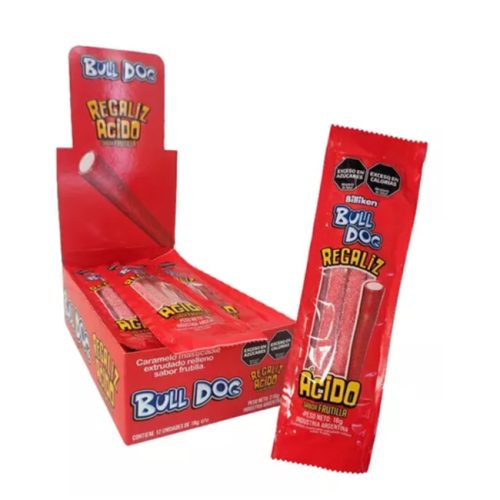 Caja Barra de Caramelo Regaliz Ácido Frutilla BullDog x12u 18gr