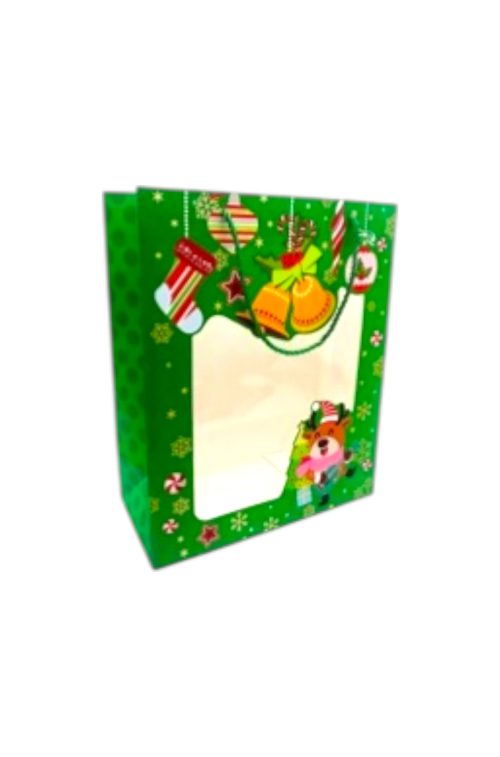 Bolsa de Regalo Con Ventana Navideña Verde x1 Unidad