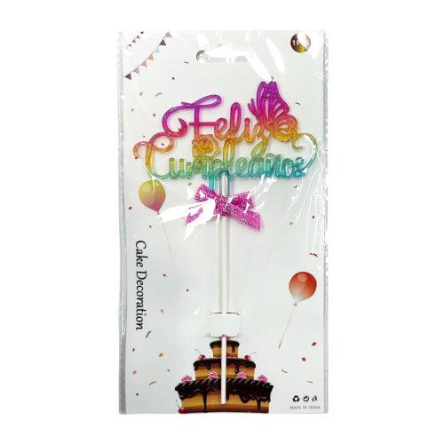 Topper para Torta Feliz Cumpleaños Cursiva 3D Bicolor x1U
